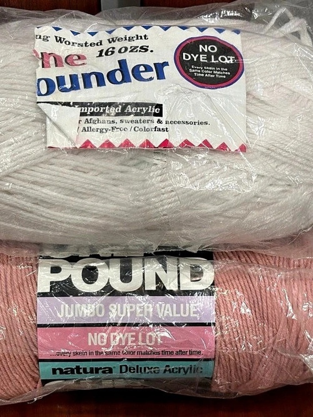 Vintage 2 Full 1-Pound Skeins Acrylic Worsted Yarn (White & Rose Pink) NWT
